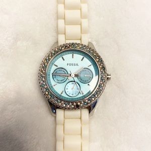 EUC Rare Fossil Tiffany Blue Watch with White Band. Needs Batt.